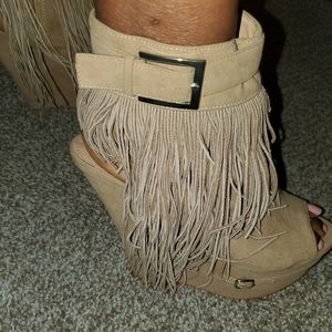 Fringe wedge ankle booties